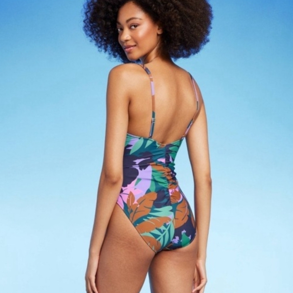 Tropical Print One-Piece Swimsuit - Navy Base with Green & Orange Leaves - Picture 2 of 4